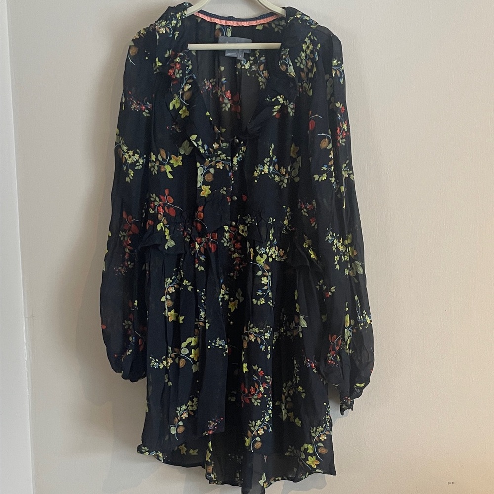 Anthropologie Floral Chiffon Mini Dress - Black, Red, Green